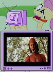 Size: 560x767 | Tagged: safe, imported from derpibooru, fluttershy, deepercutt, derp, exploitable meme, faic, meme, obligatory pony, spider-man, tv meme, youtube poop