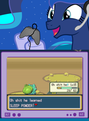 Size: 563x769 | Tagged: safe, imported from derpibooru, princess luna, bulbasaur, gamer luna, exploitable meme, meme, obligatory pony, pokémon, tv meme, vulgar