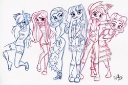 Size: 1024x683 | Tagged: dead source, safe, artist:jazz-dafunk, imported from derpibooru, applejack, fluttershy, pinkie pie, rainbow dash, rarity, twilight sparkle, human, clothes, converse, dress, flying, humanized, looking at you, mane six, monochrome, shoes, stare, winged humanization