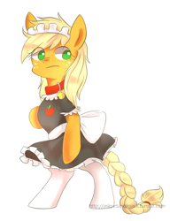 Size: 1260x1640 | Tagged: safe, artist:sion, imported from derpibooru, applejack, pony, ask pet applejack, bell collar, bipedal, bow, braided tail, clothes, collar, dress, female, maid, maidjack, socks, solo