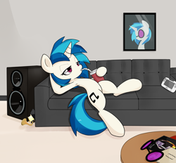 Size: 1963x1819 | Tagged: safe, artist:hidden-cat, imported from derpibooru, dj pon-3, vinyl scratch, armpits, couch, drink, drinking, female, interior, solo, wii u, wii u touchpad