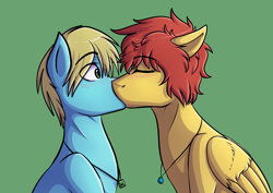 Size: 1200x850 | Tagged: safe, artist:modof10th, imported from derpibooru, earth pony, pegasus, pony, achievement hunter, blushing, eyes closed, gavin free, gay, kissing, male, mavin, michael jones, pendant, ponified, rooster teeth, stallion