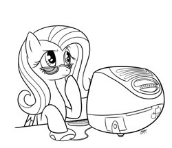 Size: 643x556 | Tagged: safe, artist:sorcerushorserus, imported from derpibooru, big macintosh, fluttershy, earth pony, pony, computer, flutter thought, fluttermac, glasses, imac, imac g3, male, monochrome, pun, shipping, solo, stallion, straight