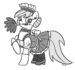 Size: 1000x938 | Tagged: safe, artist:king-kakapo, imported from derpibooru, nurse redheart, earth pony, pony, clothes, duster, female, maid, monochrome, mouth hold, solo