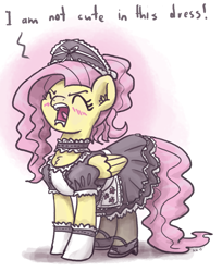 Size: 815x1000 | Tagged: safe, artist:king-kakapo, imported from derpibooru, fluttershy, pegasus, pony, blatant lies, blushing, chest fluff, choker, chokershy, clothes, cute, denial, denial's not just a river in egypt, dialogue, ear fluff, eyes closed, female, fluffy, fluttermaid, fluttertsun, i'm not cute, lies, madorable, maid, mare, mary janes, open mouth, out of character, shyabetes, solo, tantrum, tsundere, yelling