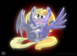 Size: 2940x2131 | Tagged: safe, artist:sheason, imported from derpibooru, cloud kicker, derpy hooves, pegasus, pony, fanfic:the life and times of a winning pony, winningverse, blushing, female, lesbian, mare, shipping