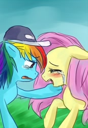 Size: 400x577 | Tagged: artist needed, safe, imported from derpibooru, fluttershy, rainbow dash, hurricane fluttershy, blushing, crying, fluttercry, hat, sad, sadbow dash, scene interpretation