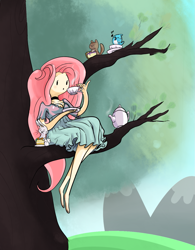 Size: 1071x1372 | Tagged: safe, artist:twitchykismet, imported from derpibooru, angel bunny, fluttershy, blue jay, chipmunk, human, adventure time, animal, barefoot, cake, choker, cleavage, clothes, crossover, dress, drink, feet, female, humanized, light skin, music notes, sitting, sitting in a tree, style emulation, tea, teacup, teapot, tree