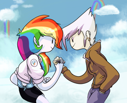 Size: 1246x1015 | Tagged: safe, artist:twitchykismet, imported from derpibooru, gilda, rainbow dash, griffon, human, adventure time, clothes, cloudsdale, crossover, humanized, jacket, light skin, style emulation