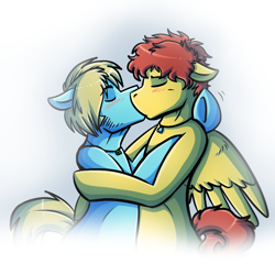 Size: 720x720 | Tagged: safe, artist:deyogee, imported from derpibooru, achievement hunter, blushing, gavin free, gay, kissing, male, mavin, michael jones, ponified, rooster teeth