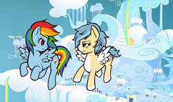 Size: 800x470 | Tagged: safe, artist:christinies, imported from derpibooru, rainbow dash, oc, oc:nimbus breeze, cloudsdale, flying