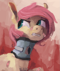 Size: 517x618 | Tagged: safe, artist:sterfler, imported from derpibooru, fluttershy, bandaid, injured, neck brace, solo