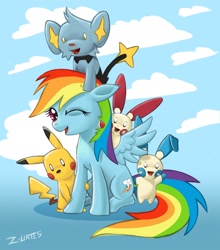 Size: 1500x1703 | Tagged: safe, artist:cybertoaster, imported from derpibooru, rainbow dash, minun, pikachu, plusle, shinx, crossover, pokémon