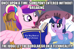 Size: 1024x683 | Tagged: safe, artist:zetared, edit, imported from derpibooru, princess cadance, twilight sparkle, alicorn, pony, unicorn, bedtime story, book, cadance's bedtime stories, duo, exploitable meme, joke, justice, law, looking up, meme, pun, younger