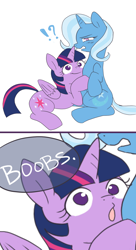 Size: 870x1600 | Tagged: safe, artist:sion, imported from derpibooru, trixie, twilight sparkle, alicorn, pony, :o, :t, breasts, confused, exclamation point, female, glare, interrobang, lesbian, mare, open mouth, question mark, semi-vulgar, shipping, simple background, sitting, smiling, twilight sparkle (alicorn), twixie, wat, wide eyes