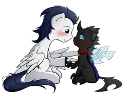 Size: 990x770 | Tagged: safe, artist:secret-pony, imported from derpibooru, oc, oc only, oc:kuno, oc:warden, changeling, pegasus, pony, bell, bell collar, blushing, changeling oc, collar, cute, fanfic art, fanfic cover, simple background, transparent background