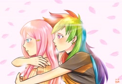 Size: 2900x2000 | Tagged: safe, artist:benkomilk, imported from derpibooru, fluttershy, rainbow dash, human, female, flutterdash, humanized, lesbian, light skin, pixiv, shipping