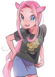 Size: 620x877 | Tagged: safe, artist:karashim, imported from derpibooru, pinkie pie, human, clothes, cute, cuteamena, eared humanization, eye clipping through hair, female, humanized, light skin, looking at you, muffin, pinkamena diane pie, pixiv, solo, t-shirt, tailed humanization