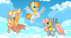 Size: 6000x3234 | Tagged: safe, artist:ivyhaze, imported from derpibooru, oc, oc only, oc:cloud hopper, oc:mangotini, oc:whirlwind, pegasus, pony, cloud, cloudy, female, flying, goggles, mare, sky, whinnyville weather patrol