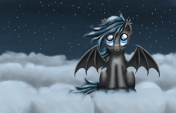 Size: 1920x1226 | Tagged: safe, artist:polex, artist:polex-p, imported from derpibooru, oc, oc only, bat pony, pony, bat pony oc, cloud, cloudy, looking up, night, night sky, on a cloud, sitting, sitting on a cloud, sky, solo