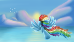 Size: 1920x1080 | Tagged: safe, artist:polex, artist:polex-p, imported from derpibooru, rainbow dash, pegasus, cloud, cloudy, day, female, flying, sky, solo, sun, wallpaper