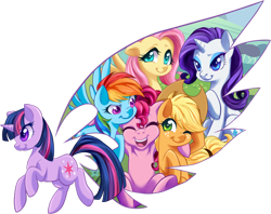 Size: 800x633 | Tagged: safe, artist:g-blue16, imported from derpibooru, applejack, fluttershy, pinkie pie, rainbow dash, rarity, twilight sparkle, earth pony, pegasus, pony, unicorn, applejack's hat, cowboy hat, female, freckles, hat, laughing, mane six, mare, open mouth, simple background, smiling, stetson, transparent background, wings