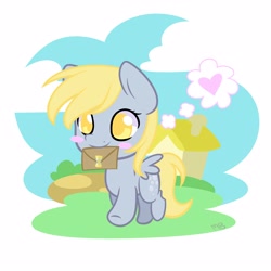 Size: 5000x5000 | Tagged: safe, artist:derpiliciouspony, imported from derpibooru, derpy hooves, doctor whooves, time turner, pegasus, pony, absurd resolution, blushing, chibi, doctorderpy, female, heart, letter, mail, mare, mouth hold, shipping, solo, straight