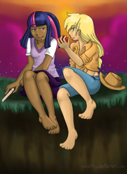 Size: 704x960 | Tagged: safe, artist:yunkitty, imported from derpibooru, applejack, twilight sparkle, human, barefoot, dark skin, feet, female, humanized, lesbian, light skin, shipping, twijack