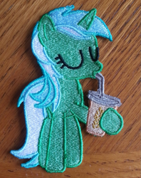 Size: 749x948 | Tagged: safe, artist:ethepony, imported from derpibooru, lyra heartstrings, pony, cup, drink, embroidery, female, patch, solo