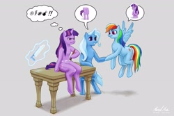 Size: 3000x2000 | Tagged: safe, artist:celarx, imported from derpibooru, rainbow dash, trixie, twilight sparkle, pony, bipedal, bonesaw, disembodied butt, disembodied plot, female, half, lesbian, magic, modular, paintbrush, saw, shipping, simple background, table, twidash, twixie