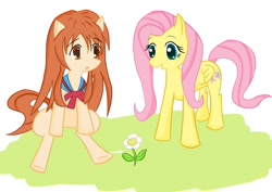 Size: 900x636 | Tagged: safe, artist:roshichen, imported from derpibooru, fluttershy, pegasus, pony, asahina mikuru, cute, duo, flower, melancholy of haruhi suzumiya, ponified