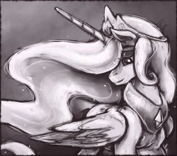 Size: 1024x901 | Tagged: safe, artist:bantha, imported from derpibooru, princess celestia, alicorn, pony, crown, dark, female, grayscale, jewelry, monochrome, portrait, regalia, solo