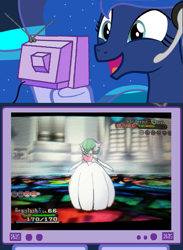 Size: 439x600 | Tagged: safe, imported from derpibooru, princess luna, gardevoir, gamer luna, exploitable meme, happy, mega evolution, mega gardevoir, meme, obligatory pony, pokémon, pokémon x and y, spoiler, tv meme