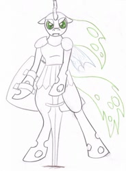 Size: 600x817 | Tagged: safe, artist:bladespark, imported from derpibooru, queen chrysalis, changeling, changeling queen, pony, armor, bipedal, female, shield, solo, sword, traditional art