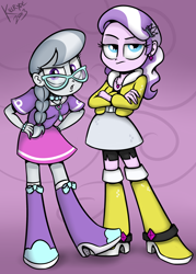 Size: 2000x2800 | Tagged: safe, artist:killryde, imported from derpibooru, diamond tiara, silver spoon, equestria girls, accessories, accessory, boots, bracelet, clothes, glasses, jacket, jewelry, necklace, shoes, skirt, unamused