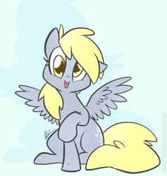 Size: 500x527 | Tagged: safe, artist:egophiliac, imported from derpibooru, derpy hooves, pegasus, pony, cute, derpabetes, female, happy, looking at you, mare, open mouth, raised hoof, smiling, solo, spread wings