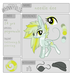 Size: 795x836 | Tagged: safe, artist:ivyhaze, imported from derpibooru, oc, oc only, oc:needle dee, mule, eyepatch, hat, needle dee, pegamule, reference sheet, solo