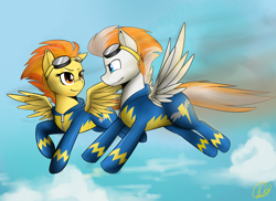 Size: 2200x1600 | Tagged: safe, artist:spittfireart, imported from derpibooru, fire streak, spitfire, pegasus, pony, eye contact, female, flying, goggles, looking at each other, male, mare, sky, stallion, wonderbolts, wonderbolts uniform