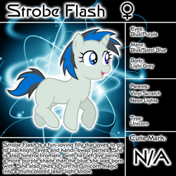 Size: 1200x1200 | Tagged: safe, artist:ludiculouspegasus, imported from derpibooru, oc, oc only, oc:strobe flash, pony, unicorn, bio, female, filly, offspring, parent:neon lights, parent:vinyl scratch, parents:vinylights, reference sheet, solo, text