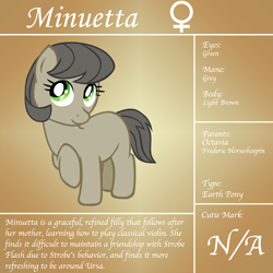 Size: 1200x1200 | Tagged: safe, artist:ludiculouspegasus, imported from derpibooru, oc, oc only, earth pony, pony, bio, female, filly, minuetta, offspring, parent:frederic horseshoepin, parent:octavia melody, parents:fredtavia, reference sheet, solo, text