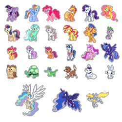 Size: 500x500 | Tagged: safe, artist:kevfin, imported from derpibooru, angel bunny, apple bloom, applejack, blossomforth, bon bon, derpy hooves, flash sentry, fluttershy, gummy, lyra heartstrings, opalescence, owlowiscious, pinkie pie, princess cadance, princess celestia, princess luna, rainbow dash, rarity, scootaloo, shining armor, spike, sunset shimmer, sweetie belle, sweetie drops, tank, twilight sparkle, winona, alicorn, dragon, earth pony, pegasus, pony, unicorn, cutie mark crusaders, female, mane seven, mane six, mare, pets, pixel art, s1 luna, simple background, transparent background, twilight sparkle (alicorn)