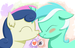 Size: 1280x820 | Tagged: safe, artist:a6p, imported from derpibooru, bon bon, lyra heartstrings, sweetie drops, blushing, female, heart, lesbian, licking, lyrabon, scrunchy face, shipping, tongue out