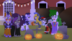 Size: 1247x702 | Tagged: safe, artist:askbritanniamlp, imported from derpibooru, oc, oc:svelte, bat pony, pony, ask britannia, clothes, costume, harley quinn, jack-o-lantern, night guard, nightmare night, pumpkin, royal guard, the joker