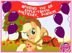 Size: 720x531 | Tagged: safe, imported from derpibooru, applejack, balloon, birthday, my little pony logo, official, stock vector