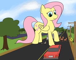 Size: 3000x2389 | Tagged: safe, artist:rapidstrike, imported from derpibooru, fluttershy, deer, duck, pony, female, giant pony, giantess, giantshy, hilarious in hindsight, macro, mare