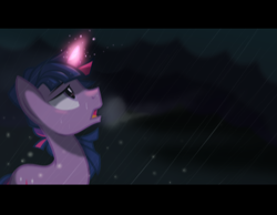 Size: 3719x2887 | Tagged: safe, artist:wicklesmack, imported from derpibooru, twilight sparkle, dark, dusk shine, fake screencap, glow, glowing, magic, rain, rule 63, solo, wip