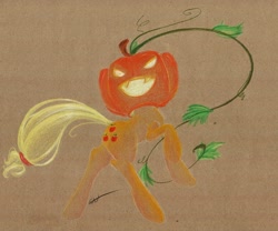 Size: 984x820 | Tagged: safe, artist:getchanoodlewet, imported from derpibooru, applejack, applejack-o-lantern, costume, female, halloween, holiday, jack-o-lantern, pumpkin, pumpkin head, pumpkinjack, rearing, solo, traditional art