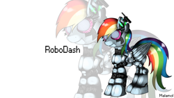 Size: 1920x1080 | Tagged: safe, artist:malamol, imported from derpibooru, rainbow dash, pegasus, pony, robot, robot pony, abstract background, female, mare, rainbot dash, signature, solo