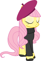 Size: 1986x2914 | Tagged: dead source, safe, artist:lockiesajt, imported from derpibooru, fluttershy, pony, beatnik, beret, clothes, eyes closed, female, simple background, solo, sweater, sweatershy, transparent background