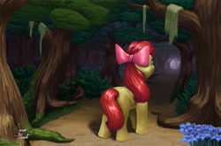 Size: 1600x1056 | Tagged: safe, artist:zevironmoniroth, imported from derpibooru, apple bloom, earth pony, pony, everfree forest, female, forest, poison joke, scenery, solo, tree